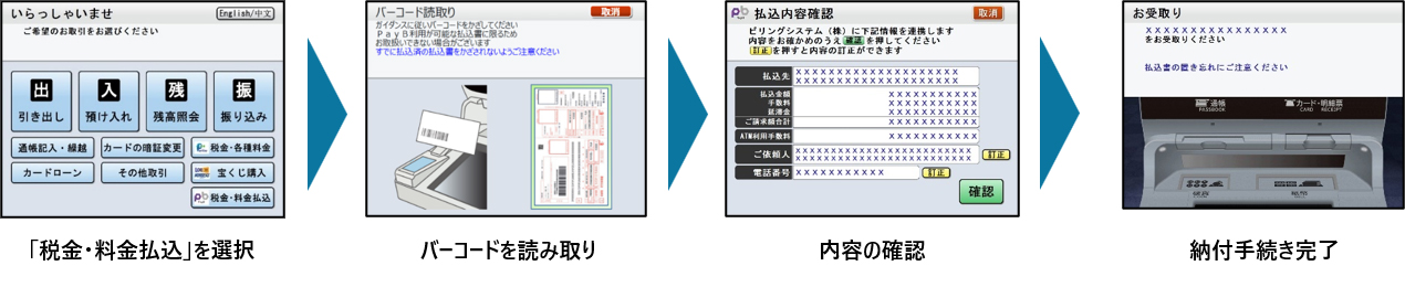 画面1「『税金・料金払込』を選択」→画面2「バーコードを読み取り」→画面3「内容の確認」→画面4「納付手続き完了」